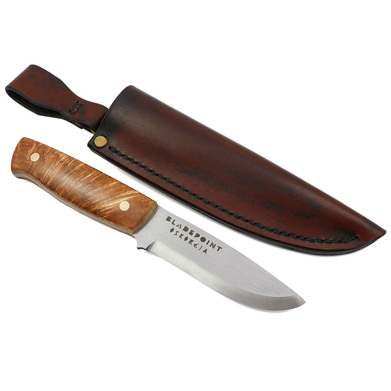 Bladepoint Oskoreia Knife / Stabilized Curly Birch X-Cut